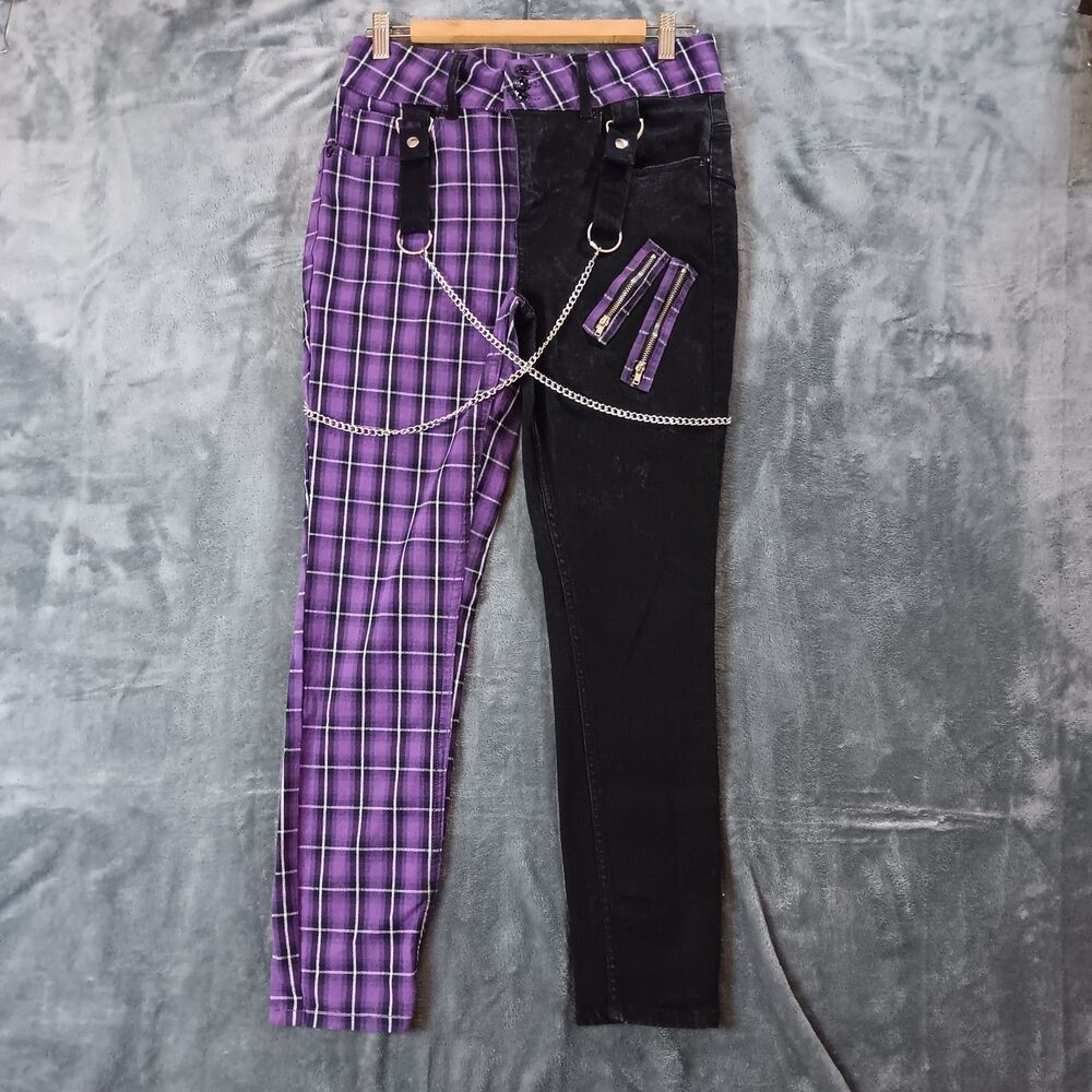 HT Denim High Rise Super Skinny 11 Plaid Purple Black Chains Goth Emo Punk Alt